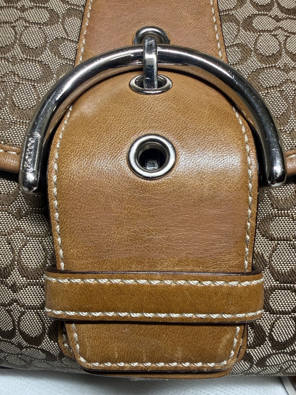 Coach Brown Leather Soho Buckle Flap Shoulder Bag Signature C’s Canvas - Picture 3 of 16